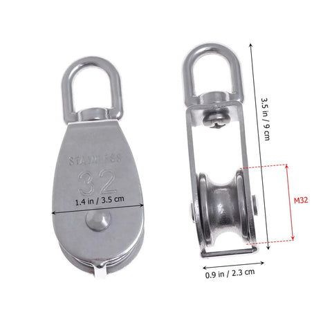 Front and side view of 32mm Stainless Steel Swivel Single Sheave Pulley Roller for Rope Wire and Cable Lifting Heavy Duty Design.