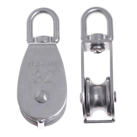 Front and side view of 32mm Stainless Steel Swivel Single Sheave Pulley Roller for Rope Wire and Cable Lifting Heavy Duty Design.