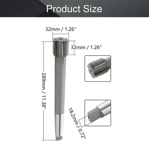 32mm H7 Tungsten Carbide Reamer For Lathe Machines, showing dimensions, taper shank, and smooth finish for precision drilling.