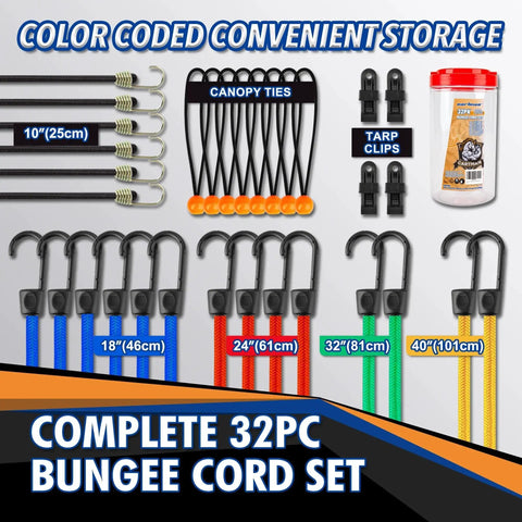 32 Piece Bungee Cords And Tarp Clips Assortment Kit With Hooks Including 10 18 24 32 40 Inch Cords And 8 Inch Canopy Tarp Ball Ties.