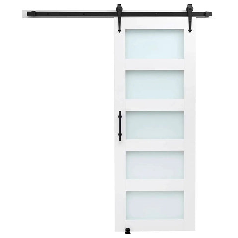 32 By 84 Inch Sliding Barn Door With Header Board And 6 Ft Hardware Track Kit And Handle, Waterproof PVC Surface, Pre Drilled Holes For Easy Assembly, MDF Construction, Smooth And Quiet Sliding, front view.