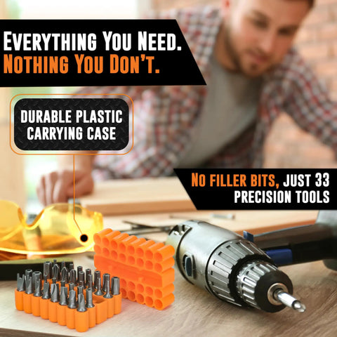 Complete 33 Piece Security Bit Set For Pros with tamper-proof Torx bits in orange case next to drill on workbench.
