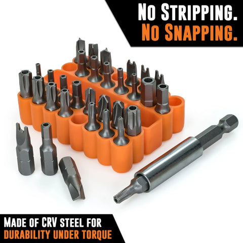 Complete 33 Piece Security Bit Set For Pros With Tamper Proof Torx Bits Star Hex Spanner And Torq organized in orange case