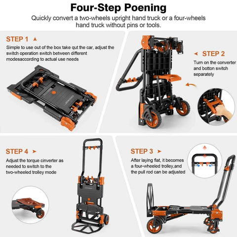 Four-step process for converting ✝️ 330LB Folding Hand Truck Heavy Duty Carrying, Combination of Four Wheels and Two Wheels Convertible Dolly.