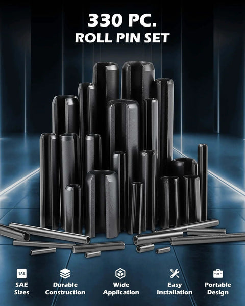 330Pcs SAE Roll Pin Assortment Kit, 10 Sizes Slotted Spring Pins 1/16 5/64 3/32 1/8 5/32 3/16 7/32 1/4 5/16 3/8 Inch