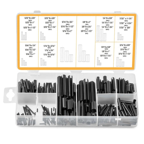 330Pcs SAE Roll Pin Assortment Kit with 10 Sizes Slotted Spring Pins in open box, heavy-duty steel for automotive and home repair.