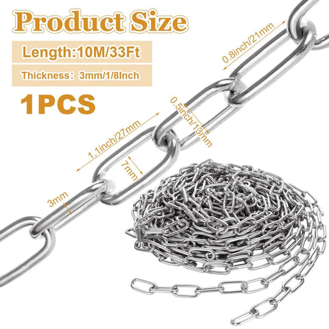33Ft x 1/8'' Chain for Hanging, Galvanized Steel Decorative Chain Links with product size and dimensions displayed