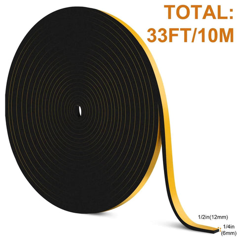 33Ft Door Weather Stripping roll, 1/2in x 1/4in, black foam tape, strong adhesive, sound proof, weatherproof for doors and windows.