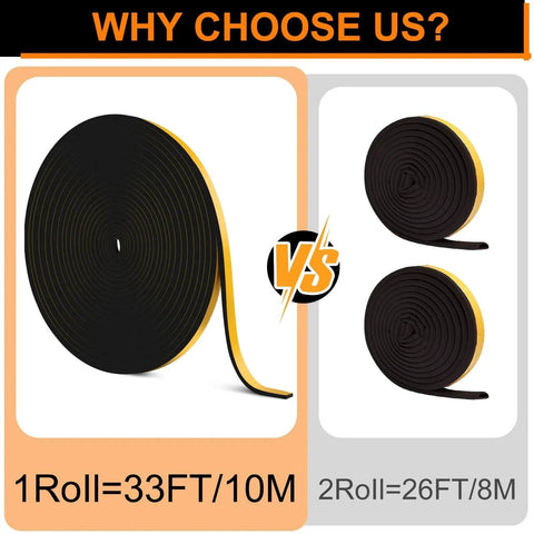 33Ft Door Weather Stripping (1/2in x 1/4in) roll vs two rolls, strong adhesive foam, sound proofing and insulation
