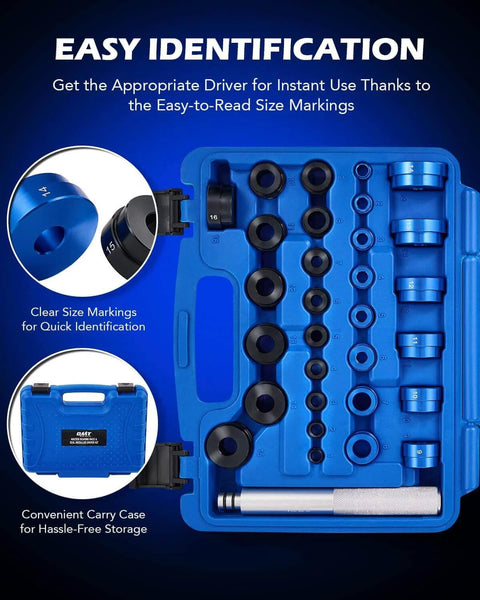 33pc Bearing Press Kit for Small Vehicles with Bearing Race and Seal Driver Set in blue case, clear size markings visible