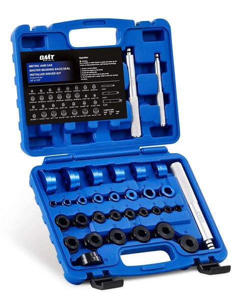 33pc Bearing Press Kit for Small Vehicles, Bearing Race and Seal Driver Set with Metric SAE Adapters, open blue case display