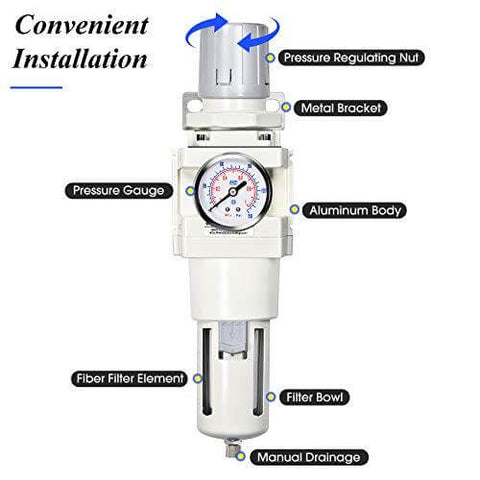3/4 Inch NPT Manual Drainage Air Filter Pressure Regulator Combo Piggyback, Air Tool Compressor Filter - Gauge AW4000-06