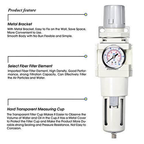3/4 Inch NPT Manual Drainage Air Filter Pressure Regulator Combo Piggyback, Air Tool Compressor Filter - Gauge AW4000-06