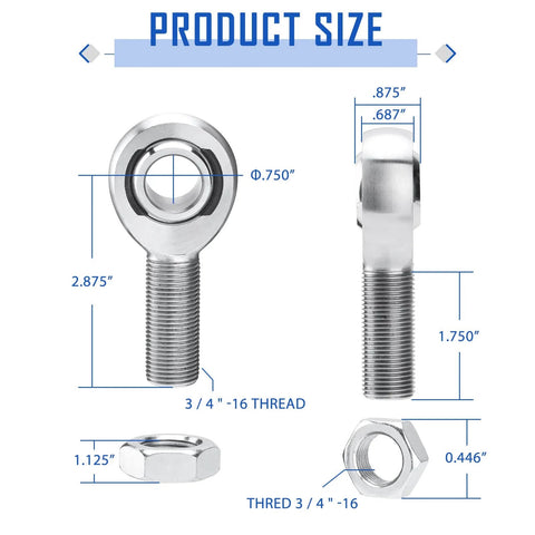 3/4 Heim Joint Rod End Kit with Left and Right Hand Threads, Heavy Duty 750 Chromoly Joints dimensions and size details