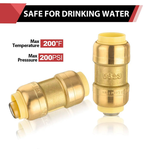 Pack Of Five Three Quarter Inch Push Fit Straight Couplings For PEX Copper And CPVC With Disconnect Clip Lead Free DZR Brass Quick Toolless Installation O Ring Seal Hydronic And Potable Water Fittings