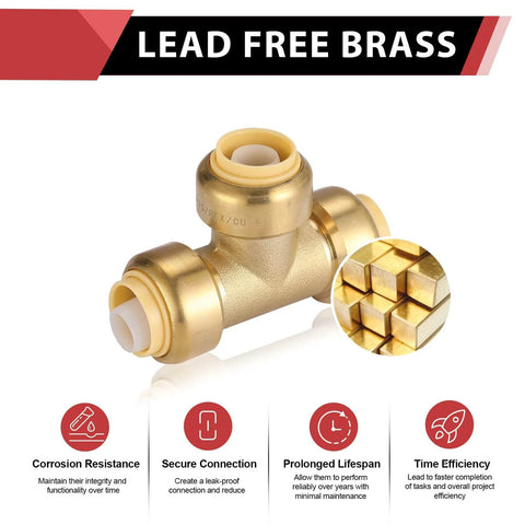 3/4 Inch Tee Push-Fit Fitting For Pex, Copper, And CPVC Pipes With Disconnect Clip Lead-Free DZR Brass Easy Installation