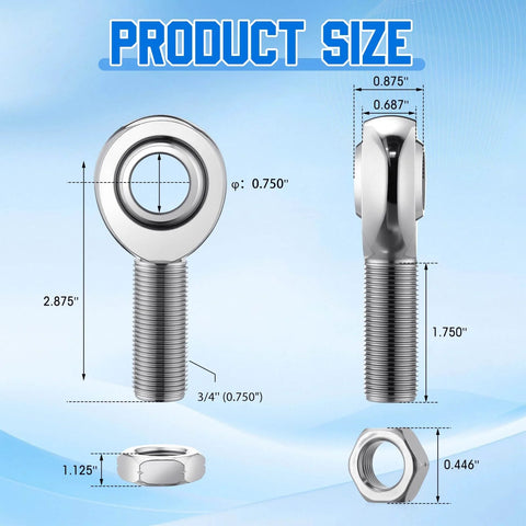 Diagram of 8 pcs 3/4 inch Heim Joint Rod End Kit showing dimensions, with right and left hand thread chromoly suspension joints displayed.