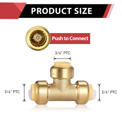 3/4 Inch Tee Push-Fit Fitting For Pex, Copper, And CPVC Pipes with Disconnect Clip, Lead-Free DZR Brass, front view