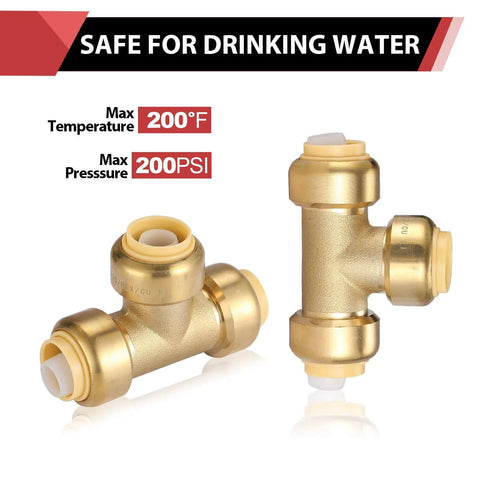 3/4 Inch Tee Push-Fit Fitting For Pex, Copper, And CPVC Pipes With Disconnect Clip Lead-Free DZR Brass Easy Installation No Tools Needed Pack Of 2