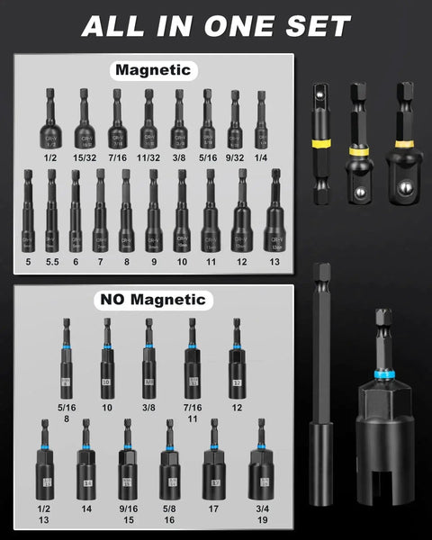 34-Piece Magnetic Impact Nut Driver Set With SAE and Metric Sizes displayed in grid with key adapters and extensions, black oxide finish.