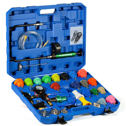 Amazon Universal radiator pressure tester kit in blue case, 34-piece set with vacuum pump and adapters