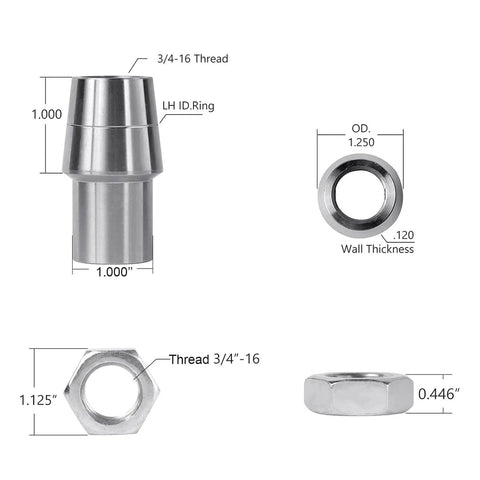 Diagram showing components of 3/4 Threaded Bushing Kit for 4 Link Suspension, including measurements for chromoly bushings and jam nuts.