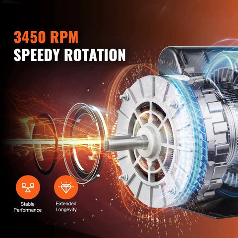 Close-up of 5HP SPL Air Compressor Electric Motor, 230V 17.6Amps, 56 Frame 3450RPM, 5/8" Keyed Shaft, showcasing internal components and speedy rotation