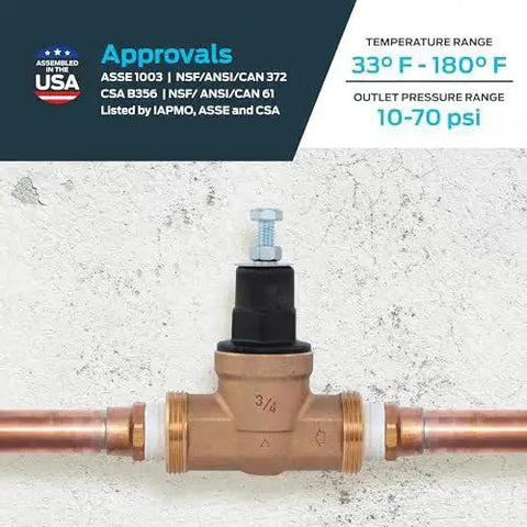 Pressure Regulating Valve For Water Systems Three Quarter Inch NPT Threaded With Poly Top 60 PSI Adjustable Direct Pressure Regulation For Home And Pro Setups Cash Acme PVA16P DTH 60 EB45 installed on copper pipes.