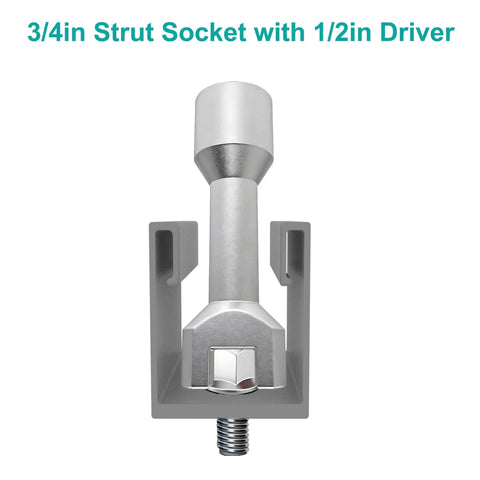 Three Quarter Inch Strut Socket With One Half Inch Drive For One And Five Eighths Inch Wide Strut Channels Forged Heat Treated Alloy Steel Suspension Socket Tool Silvery, shown in front view with silvery finish in a U-shaped channel.