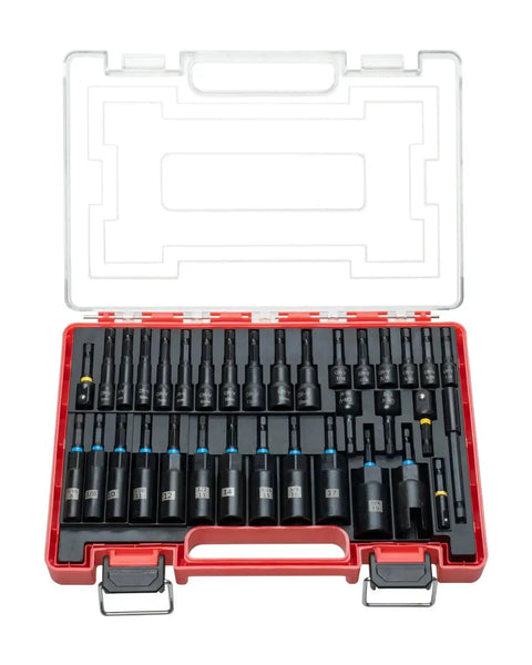 34-Piece Magnetic Impact Nut Driver Set With SAE and Metric Sizes, open case showing deep impact nut drivers and storage