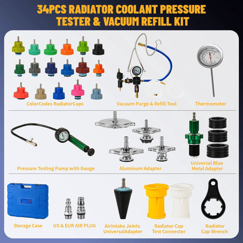 34-piece radiator coolant pressure tester kit with vacuum purge tool, gauge, aluminum adapters, color-coded caps, and storage case.