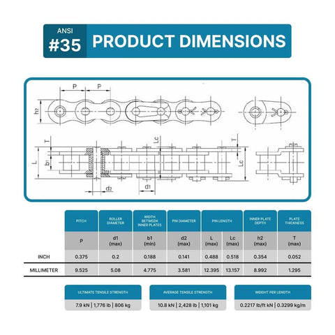 Diagram of ANSI #35 Roller Chain dimensions with measurements for pitch, roller diameter, and tensile strength specifications.
