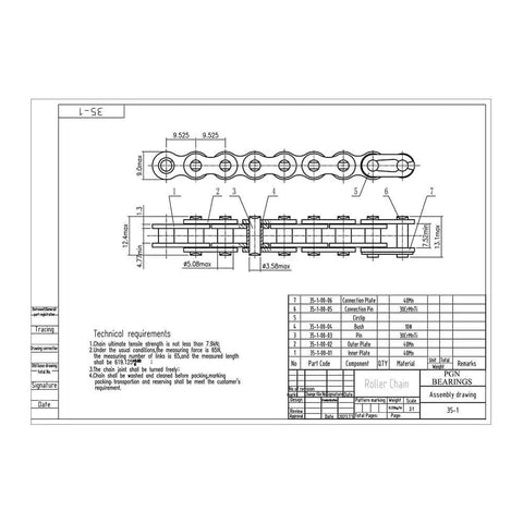 Technical drawing of ✝️ #35 Roller Chain - 10 Feet + 2 Free Connecting Links - Carbon Steel Chains for Bicycles