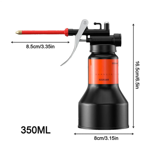 350ml Hand Pump Oiler Can With Straight Spout High Pressure Lubrication Dispenser, dimensions labeled