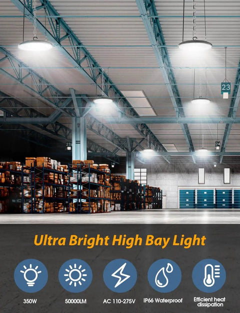 Four Pack 350W UFO High Bay LED Shop Lights For Industrial Spaces illuminating a spacious warehouse interior
