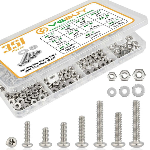 351 Pcs Machine Screws Nuts and Bolts Assortment Kit with #6-32 #8-32 #10-24 Phillips Pan Head 304 Stainless Steel Screws