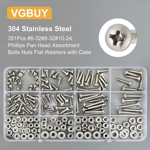351 Pcs Machine Screws Nuts and Bolts Assortment Kit with #6-32 #8-32 #10-24 Phillips Pan Head 304 Stainless Steel Screws and Nuts