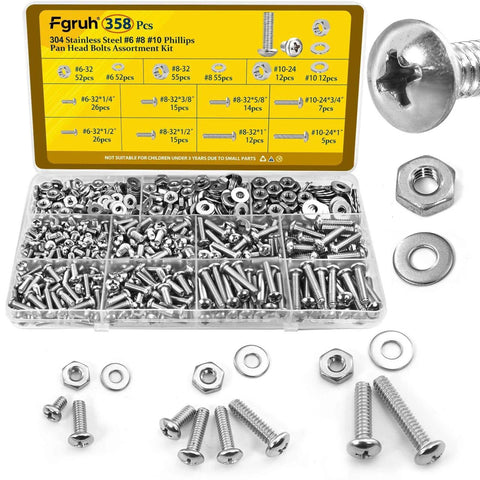 358 Pcs Machine Screws and Nuts Assortment Kit with #6-32 #8-32 #10-24 Phillips Pan Head Bolts made from 304 stainless steel.