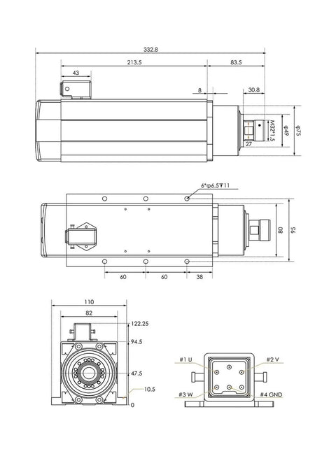 Technical diagram of 3.5KW ER25 Air Cooled Spindle Motor With Ceramic Bearings And Flange, detailing dimensions and specifications.
