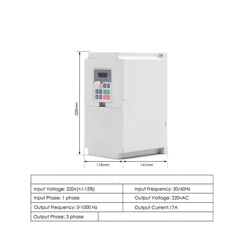Side view of 4KW H100 Inverter Controller for 3.5KW ER25 Air Cooled Spindle Motor, dimensions and specs displayed, industrial CNC use