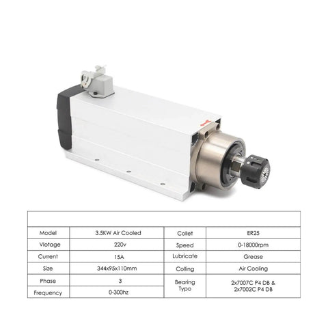 3.5KW ER25 Air Cooled Spindle Motor with Ceramic Bearings and Flange, detailed view with specifications, for CNC machines.