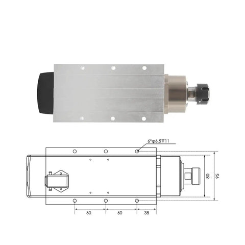 3.5KW ER25 Air Cooled Spindle Motor With Ceramic Bearings And Flange, side view and technical drawing, for CNC milling and engraving.
