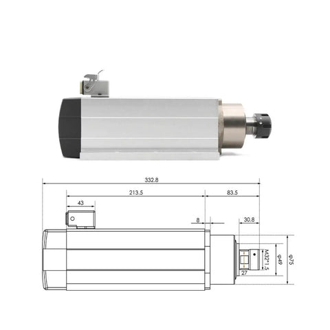 Side view of 3.5KW ER25 Air Cooled Spindle Motor With Ceramic Bearings And Flange showing dimensions and technical specs