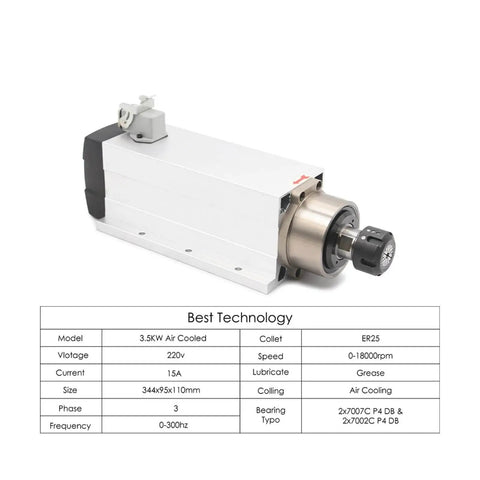 3.5KW ER25 Air Cooled Spindle Motor With Flange Or Without Flange 220V CNC Milling for precision tooling, shown with specifications