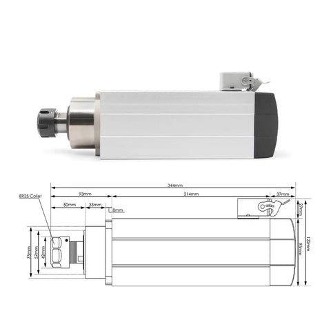 3.5KW ER25 Air Cooled Spindle Motor With Ceramic Bearings for CNC Milling Machines showing square type and optional flange, side view