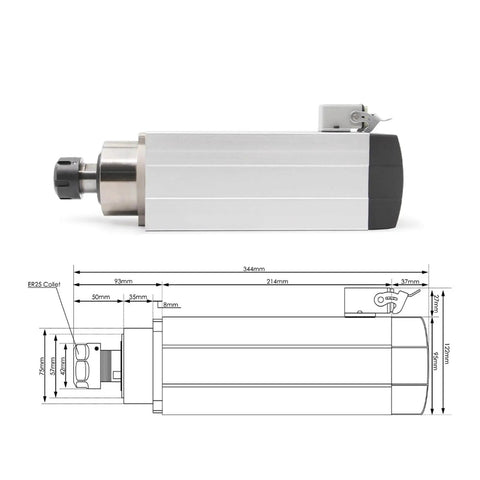 Side view of 3.5KW ER25 Air Cooled Spindle Motor With Flange Or Without Flange 220V for CNC milling with technical dimensions displayed.