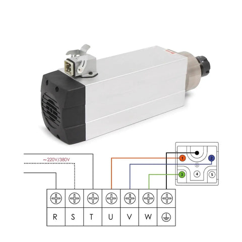 3.5KW ER25 Air Cooled Spindle Motor With Ceramic Bearings, Square Type For CNC Milling Machines, 380V, wiring diagram included