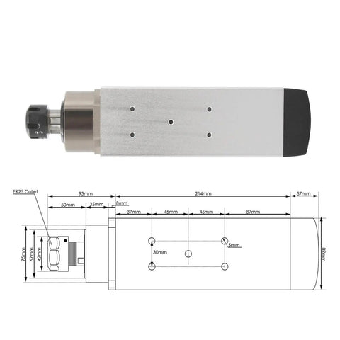 Technical diagram of 3.5KW ER25 Air Cooled Spindle Motor With Ceramic Bearings, Square Type For CNC Milling Machines, 380V, industrial use.