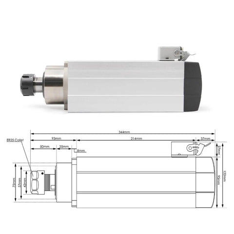 3.5KW ER25 Air Cooled Spindle Motor With Ceramic Bearings, Square Type For CNC Milling Machines, 380V, diagram with dimensions