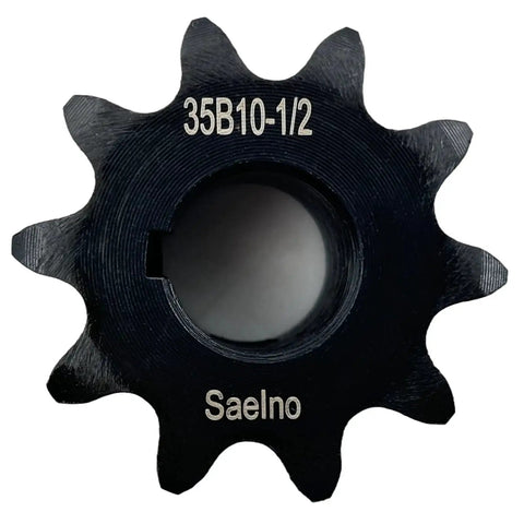 Front view of 35B Roller Chain Sprocket Type B For ANSI 35 Chain With Half Inch Bore And Ten Teeth Three Eighths Inch Pitch Hardened 1045 Carbon Steel